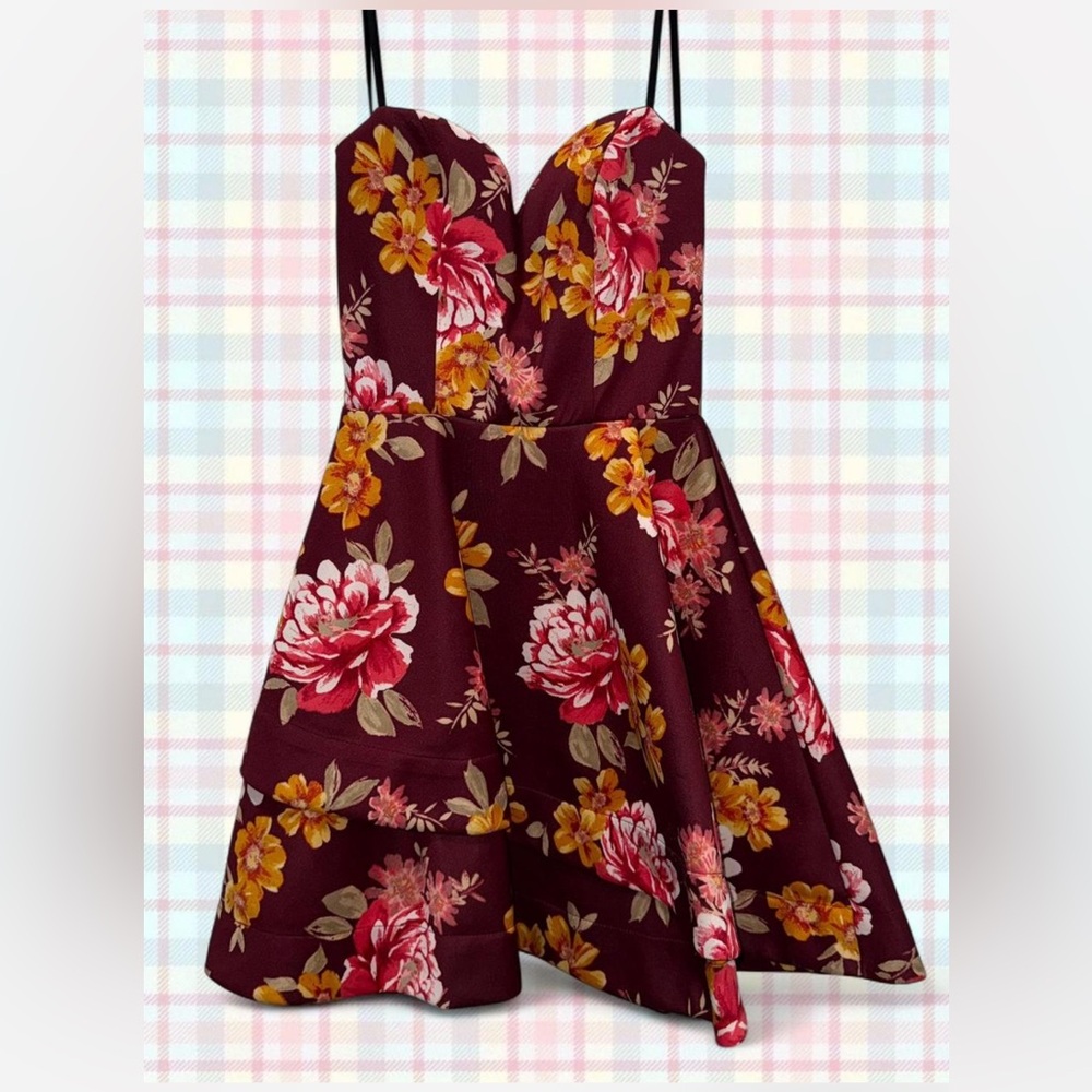 Floral Burgundy Fit-and-Flare Dress
